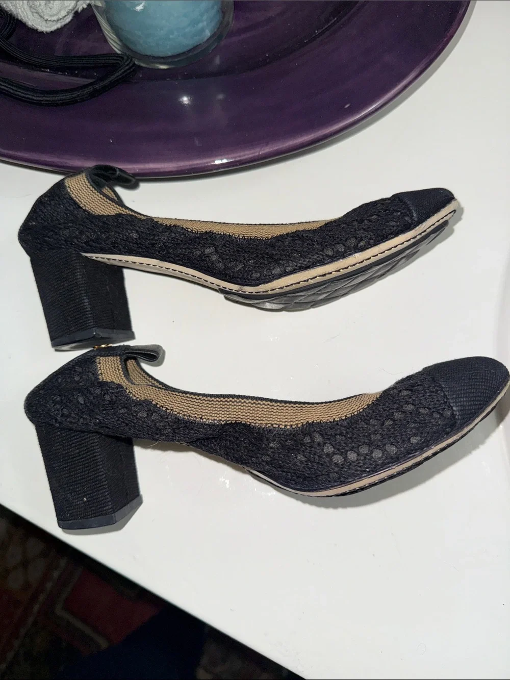 AUTHENTIC Chanel Black Lace Ballet Flats with Gold Accent - Women's Shoes